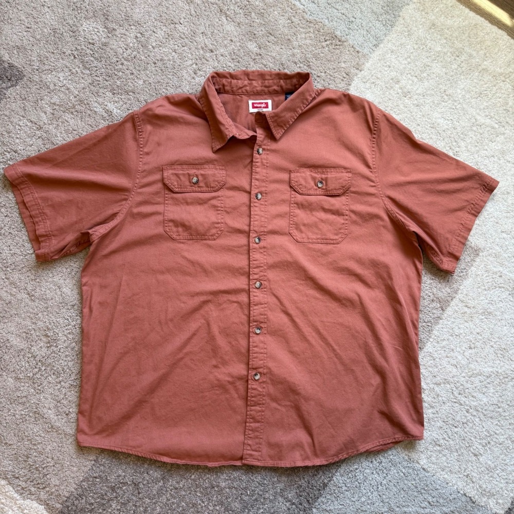 Wrangler Mens 2XL Short Sleeve Button Down Shirt Rust Orange Cotton Blend Work